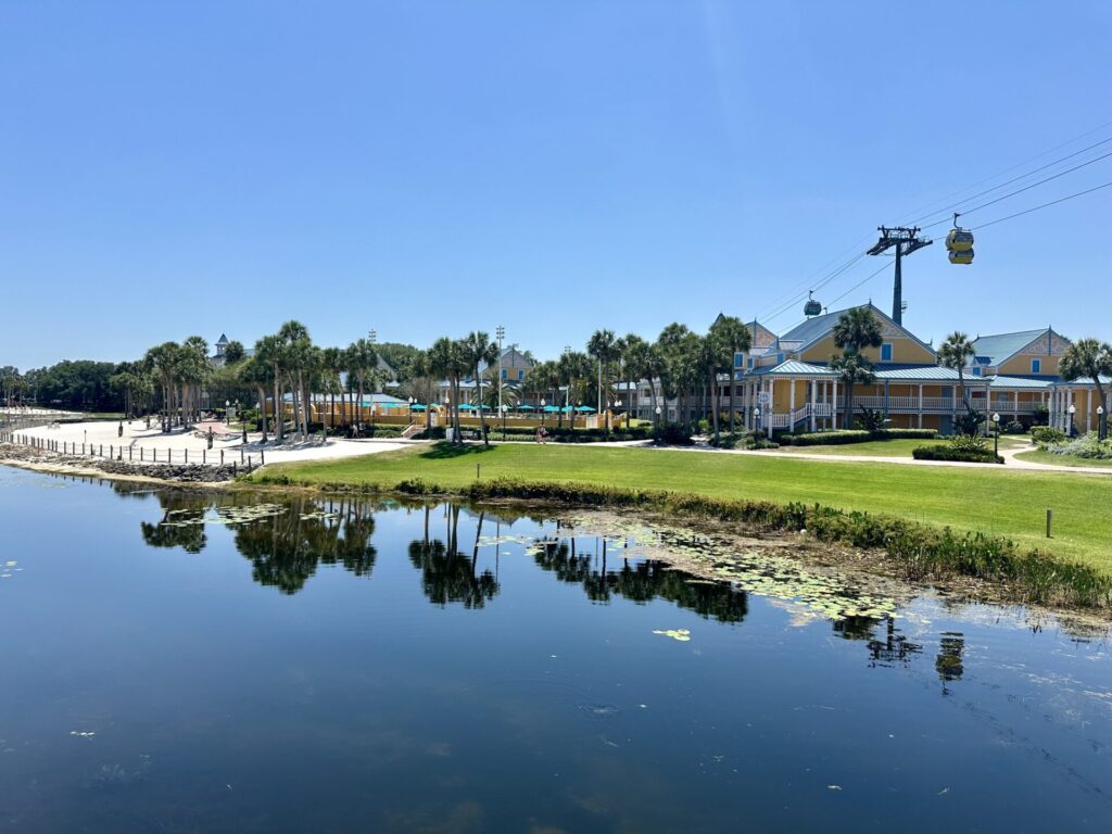 Skyliner over Disney's Caribbean Breach Resort buildings