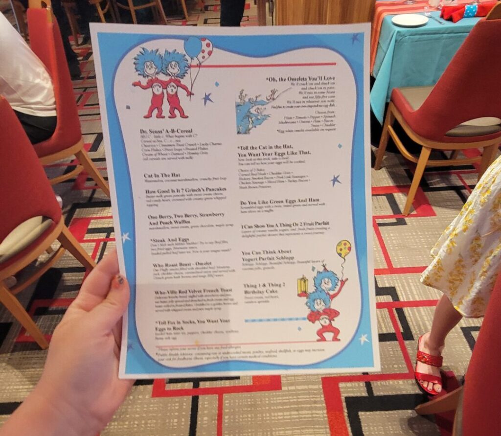 Meal menu Dr. Seuss Character Breakfast